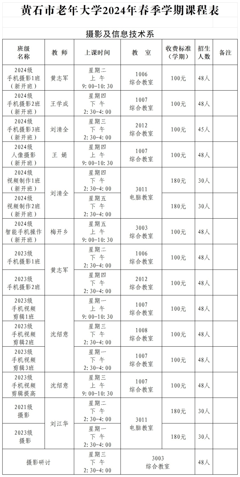 杨浦区老年大学课程表图片