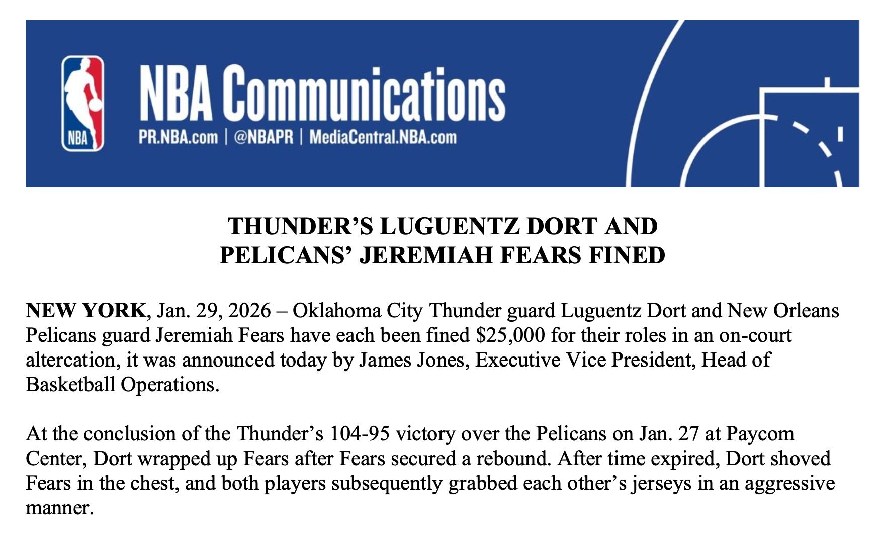 NBA官宣罰單：雷霆多爾特與鵜鶘費爾斯因爆發衝突 均罰款25000美元 - 