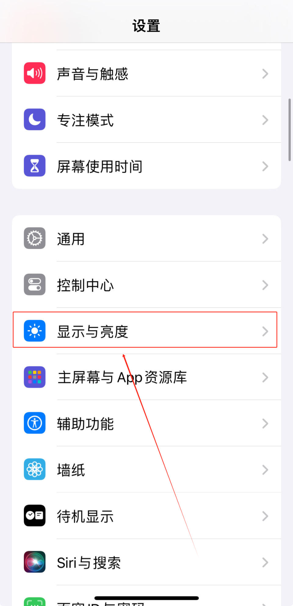 点击显示与亮度选项打开苹果手机桌面的设置选项