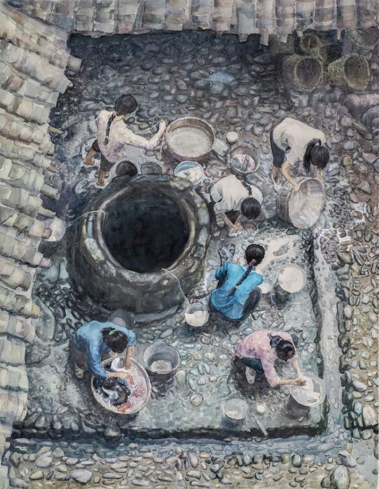 来创作的水彩和水墨作品60多件,从早期《老井61女人》的具象写实,到