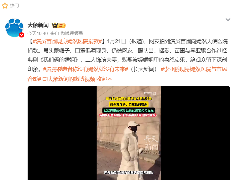 演員苗圃低調現身嫣然醫院捐款，曾被捲入李亞鵬王菲情感風波 - 