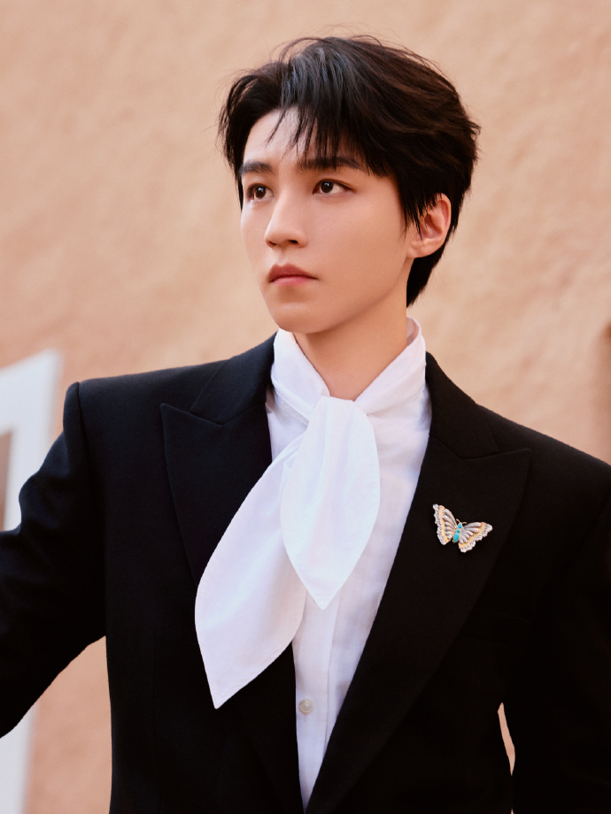 王俊凯出席2025电竞世界杯,黑色西装点缀蝴蝶胸针,背头发型吸睛