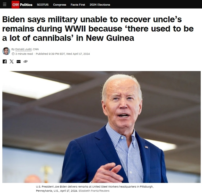 拜登称自己的舅舅被食人族吃了吓得美媒赶紧辟谣