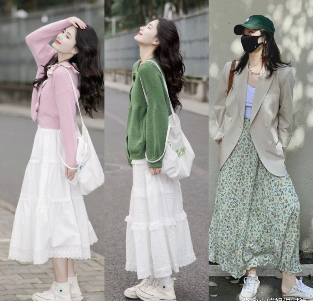 无论什么风格的裙子,搭配帆布鞋的时候都会带来清新的少女感,可以说是