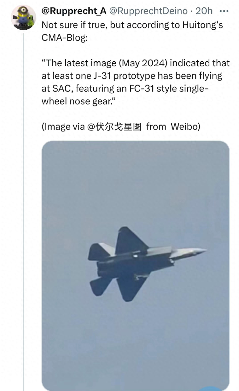德专家:歼-31正在试飞;尾翼与主翼间距大于海军型