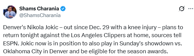 掘金重大利好！約基奇今日將復出對陣快船 暫未失去評獎資格 - 