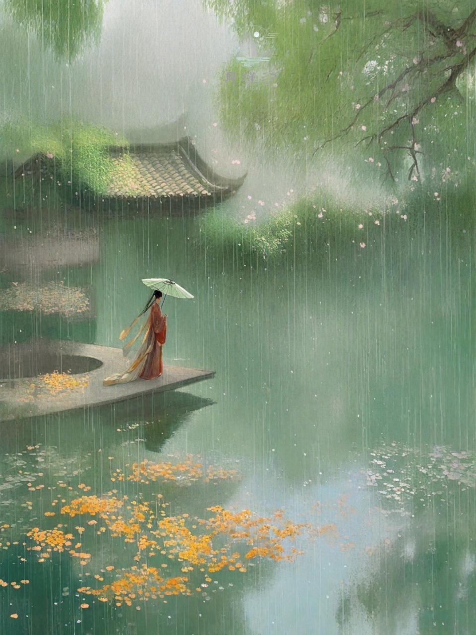 岸边桃李无言却成排绽放春色,生机勃勃的画面将自然界的灵动与静默之