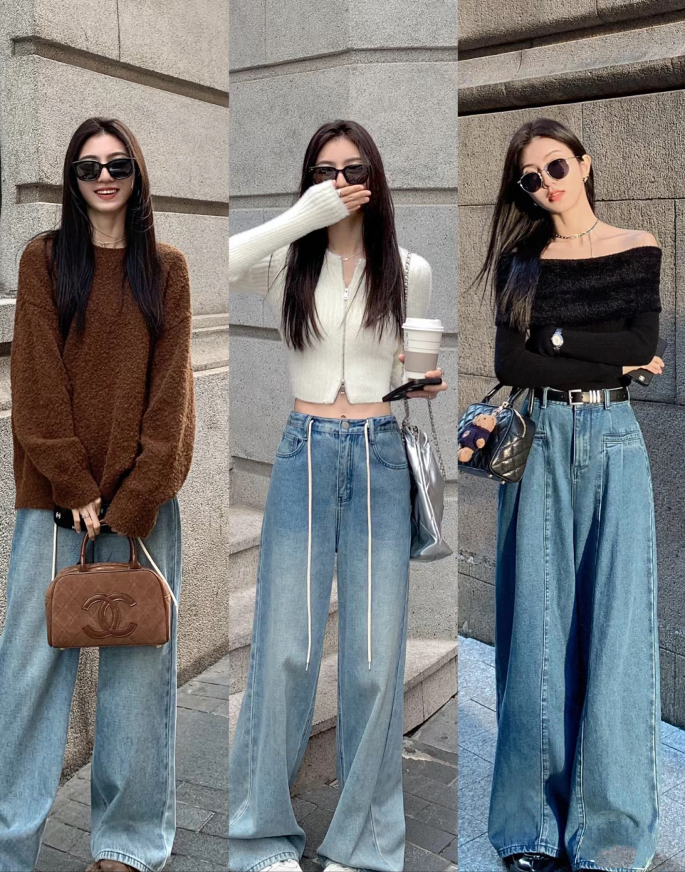 比如这种短款的卫衣,或者是一件修身的短小t恤,搭配高腰阔腿拖地裤