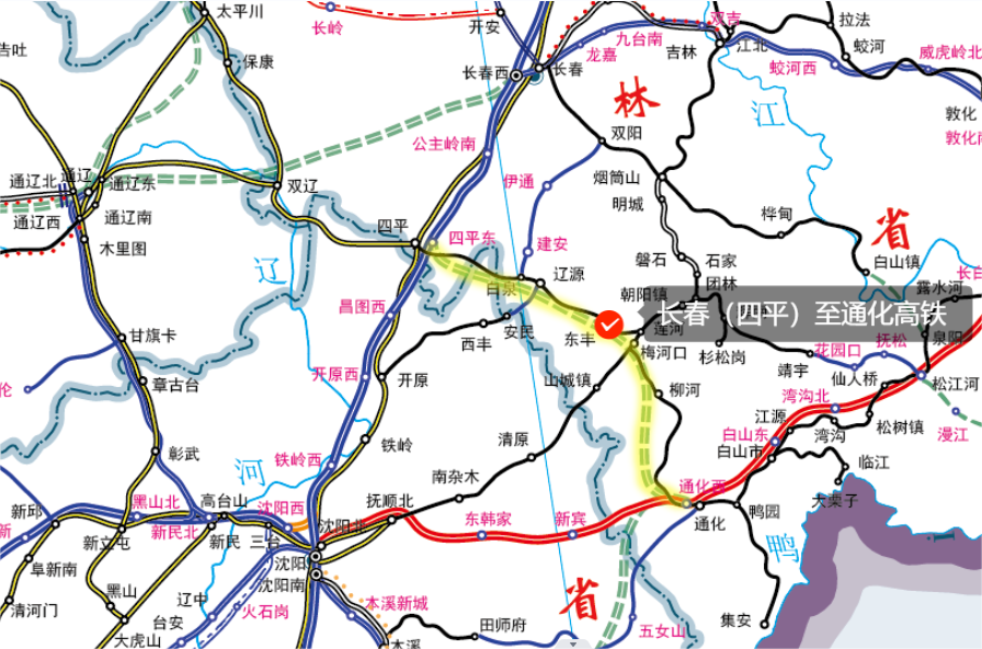 四平段利用既有哈大高铁,四平至通化段新建,沿途经过辽源,梅河口等地