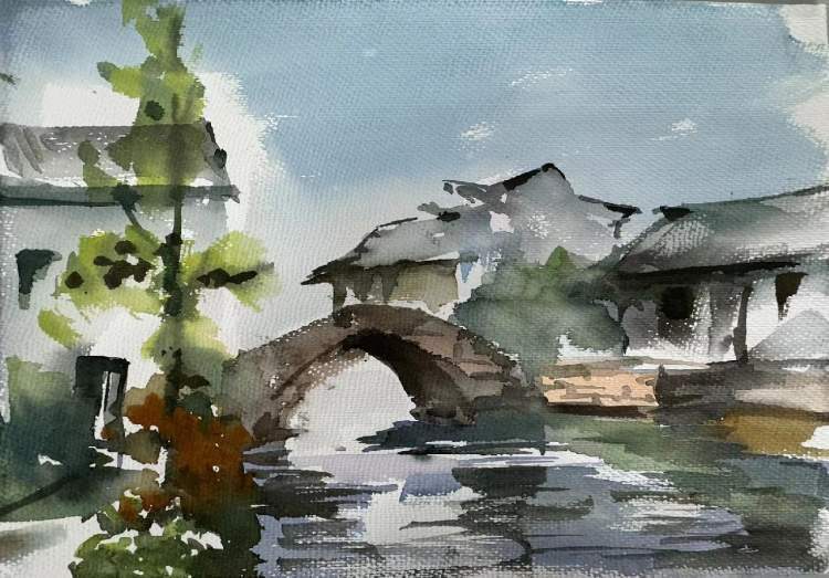 老年大学水彩画《郊外风景》