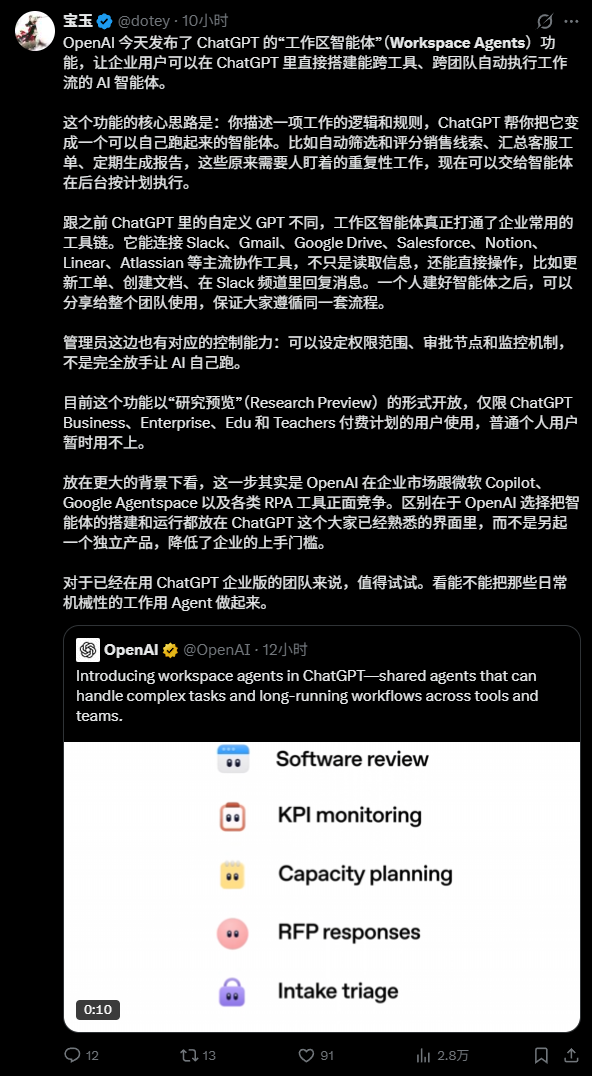 GPTs基本已死！OpenAI推出Workspace Agents，一键生成可团队共享智能体_腾讯新闻