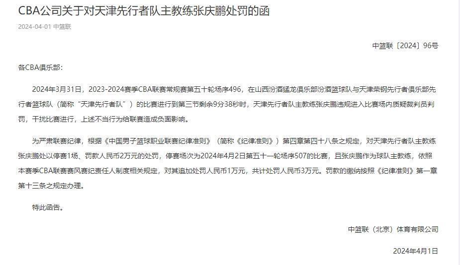 cba官方公布罚单张庆鹏违规进入场内质疑裁判处以停赛和罚款