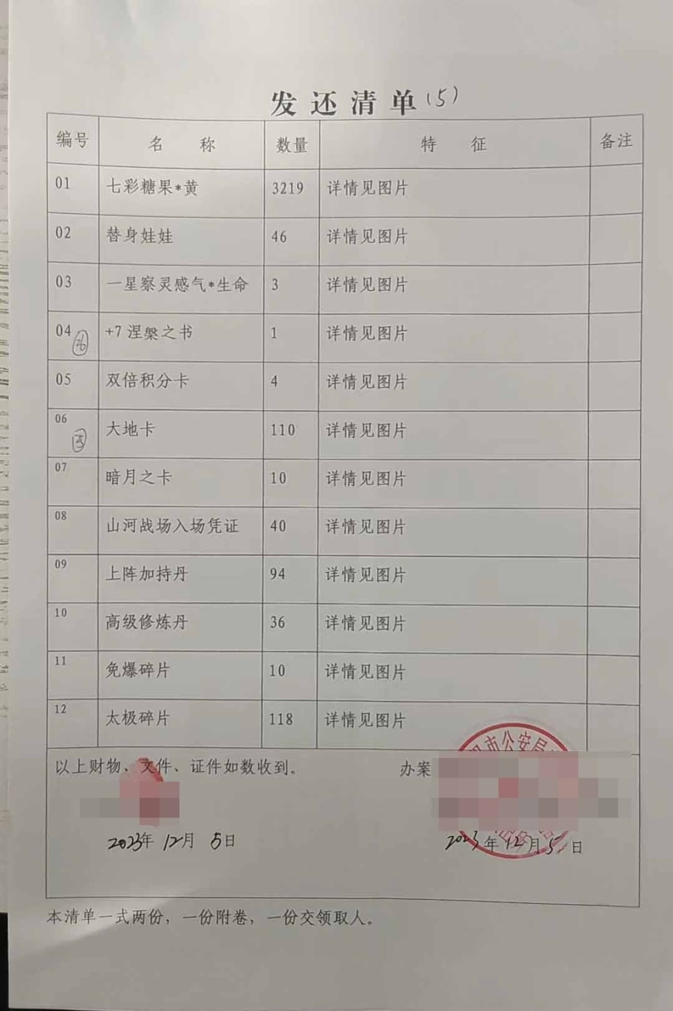 被盗物品及发还清单