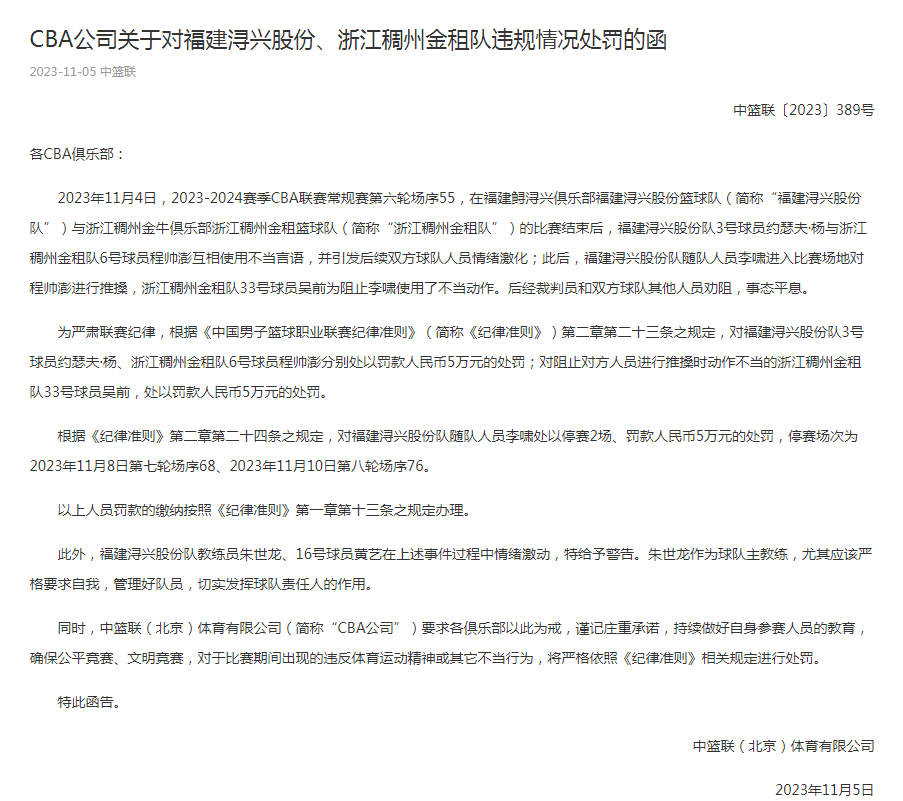 CBA福建浙江冲突罚单出炉：吴前等4人共被罚款20万 没有球员禁赛图2