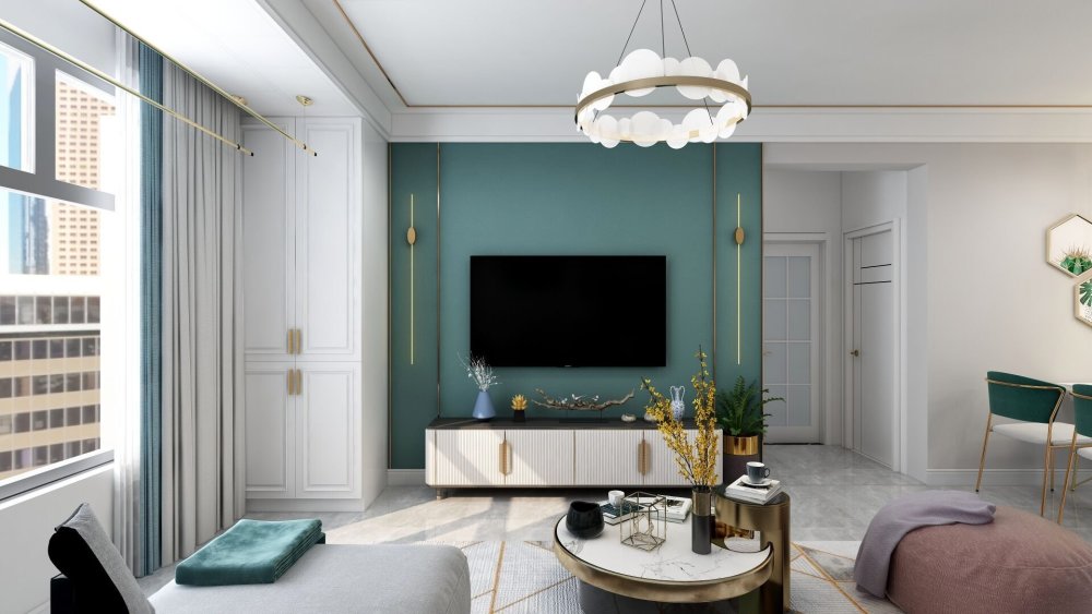 86平北欧风二居室蓝绿的电视背景墙护眼有种回归自然的感觉