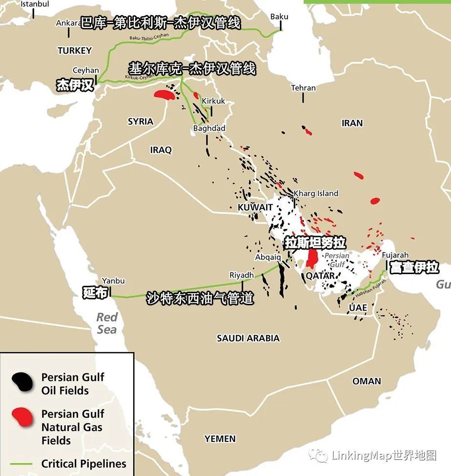 中东油气资源分布和重要的管线波斯湾大型油田分布:加瓦尔油田和萨法