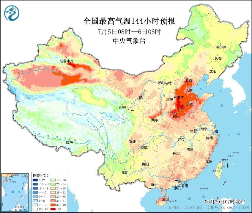 比如在7月5日的氣溫預報中可見,華北黃淮地區37度以上的高溫天氣又要