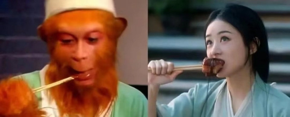 刚从花果山来到人间的孙悟空,第一次尝试用筷子,因看到老人吃辣椒而