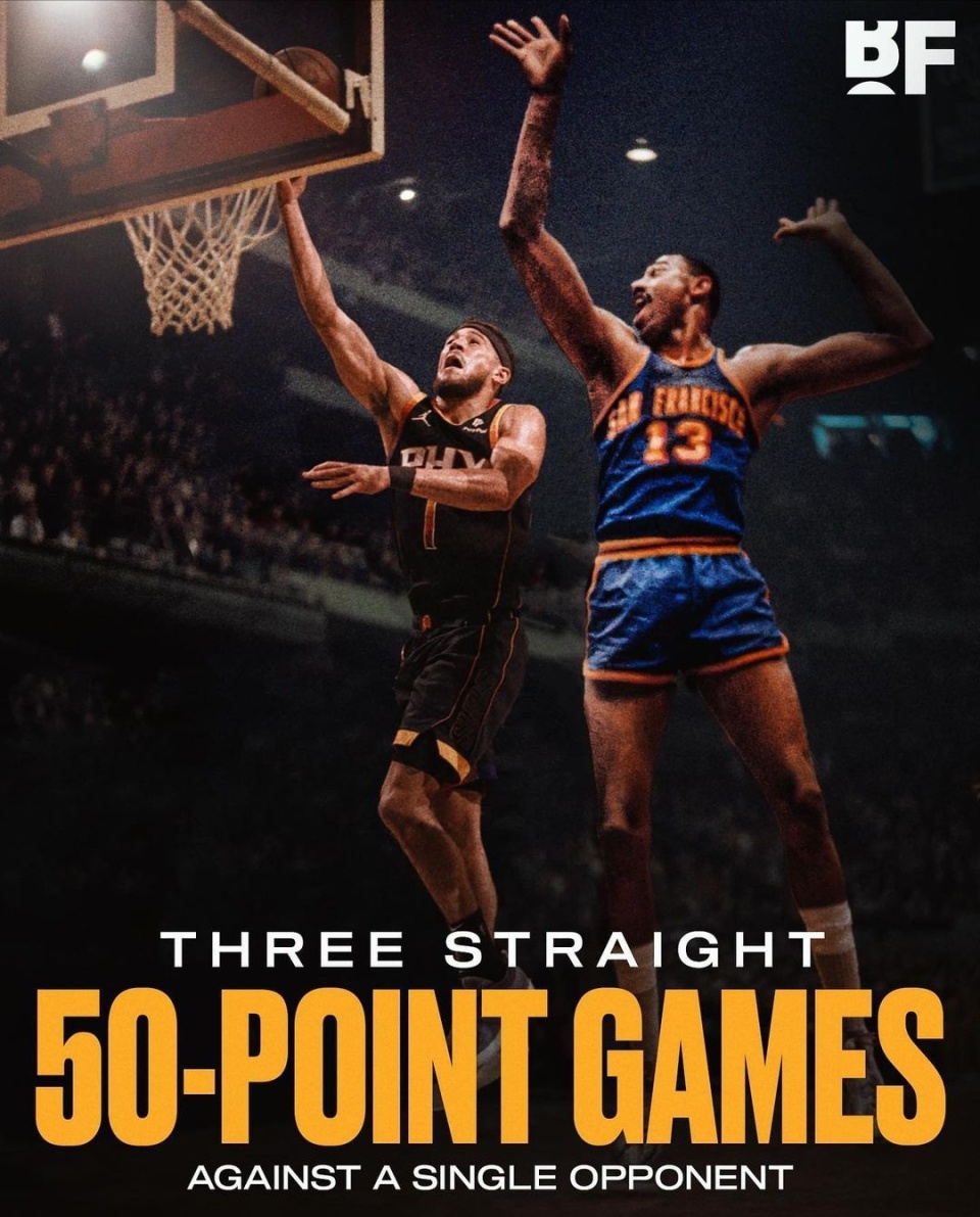 上一位面对同一对手能连续3场50 分的球员,还是传奇巨星威尔特-张伯伦