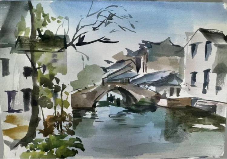 老年大学水彩画《郊外风景》