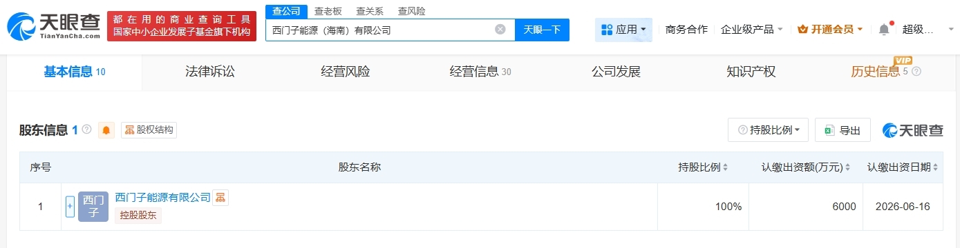 西門子能源在海南成立新公司  註冊資本6000萬 - 