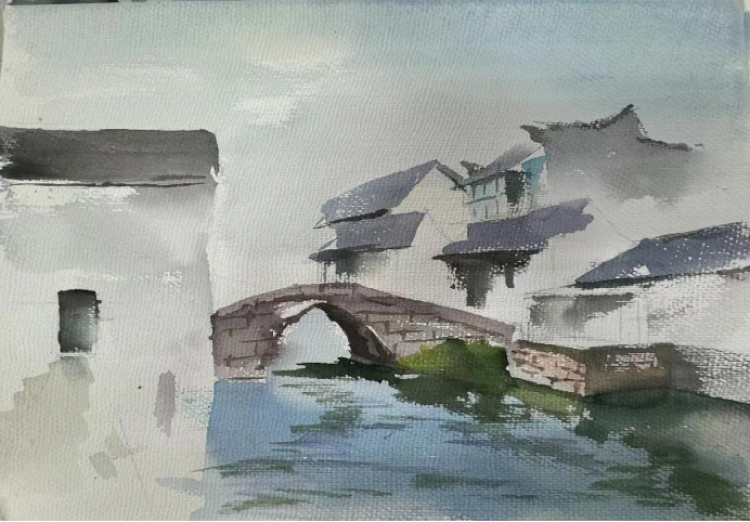 老年大学水彩画《郊外风景》