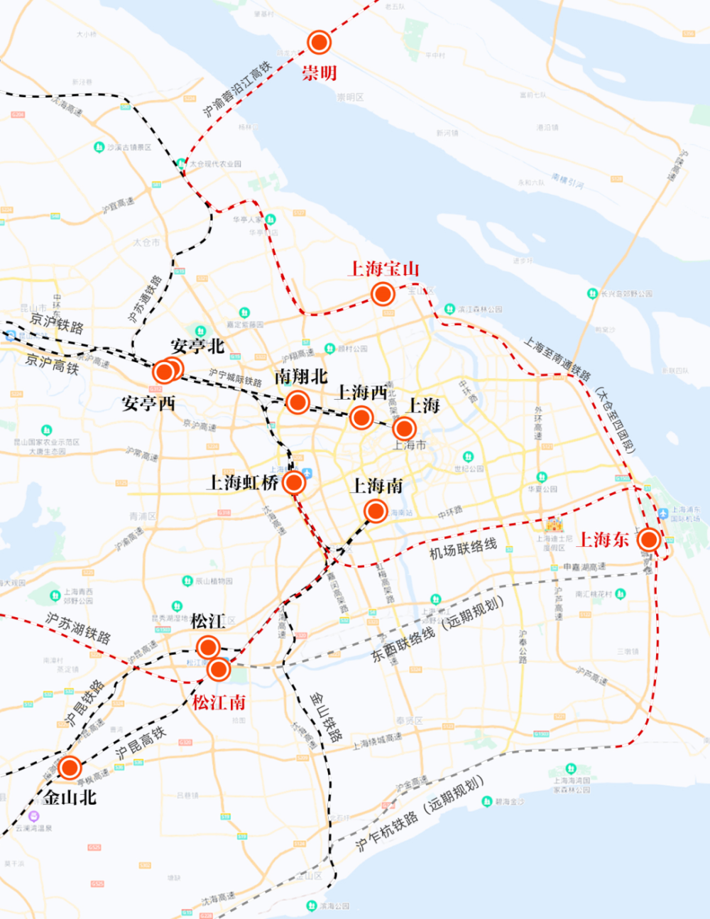 機場聯絡線與上海虹橋站連接並接入兩港快線(南匯支線)鐵路東西聯絡線