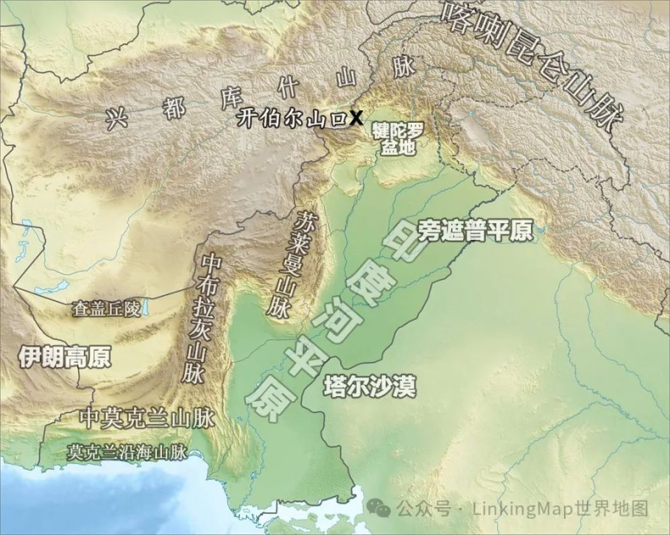 喀喇昆仑山脉,西部是苏莱曼山脉等兴都库什山,伊朗高原延伸地形,东部