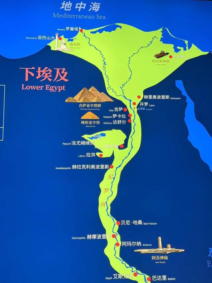 "理解这句话,可以看看进门左侧的地图,几乎各个时期的古埃及文明都紧