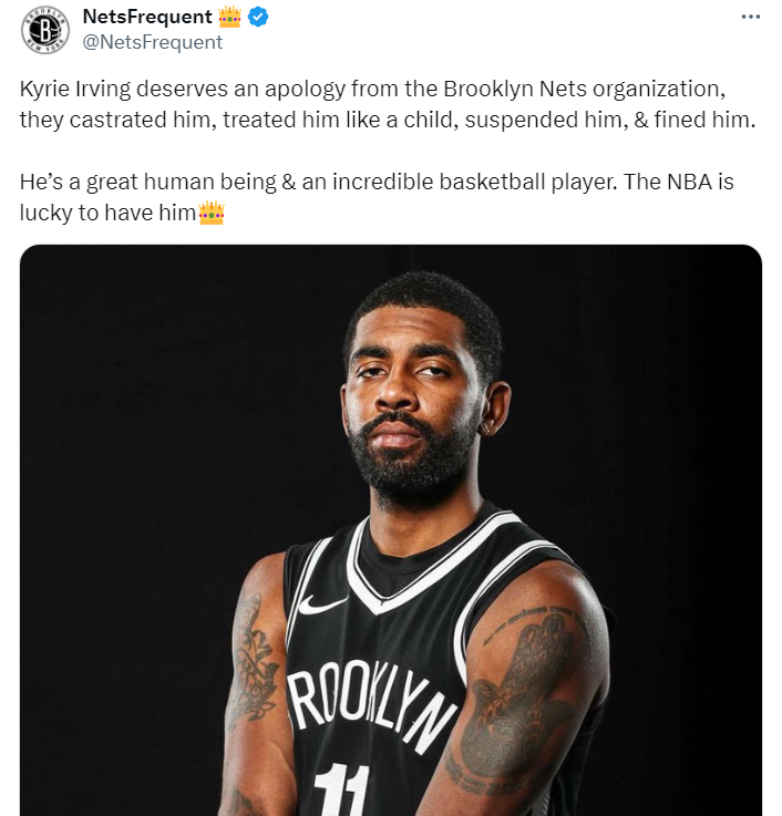 篮网媒体赛后为欧文道歉:欧文应该得到篮网组织的道歉,是篮网交易了他