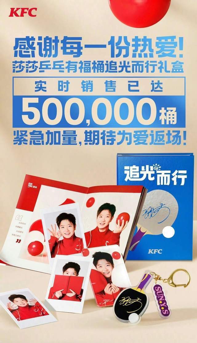人气火爆！孙颖莎代言肯德基周边产品被抢爆180分钟销售50万桶