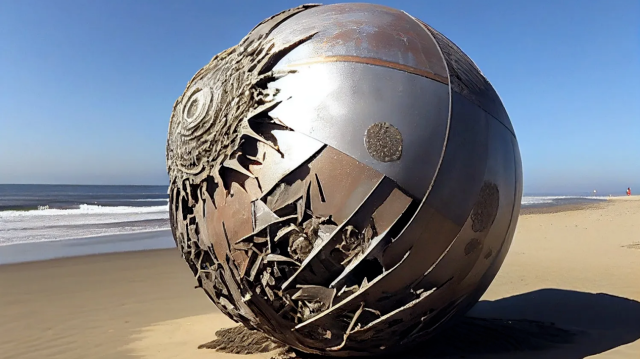 日本海滩浮现巨型铁球