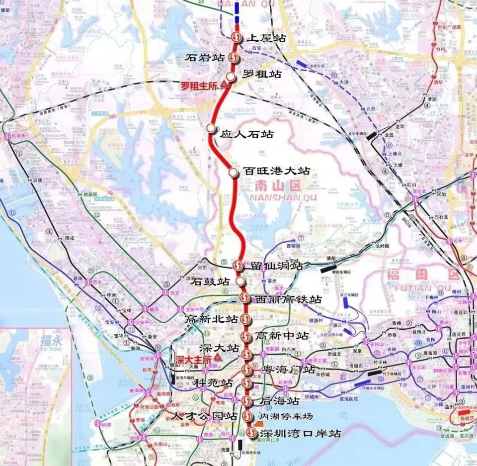 深圳地铁13号线起自南山区深圳湾口岸站,止于宝安区上屋站,线路全长约