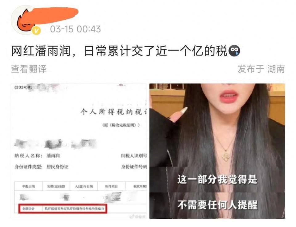 网红潘雨润晒个人所得税证明,日常累计交税一个亿,评论区炸裂了