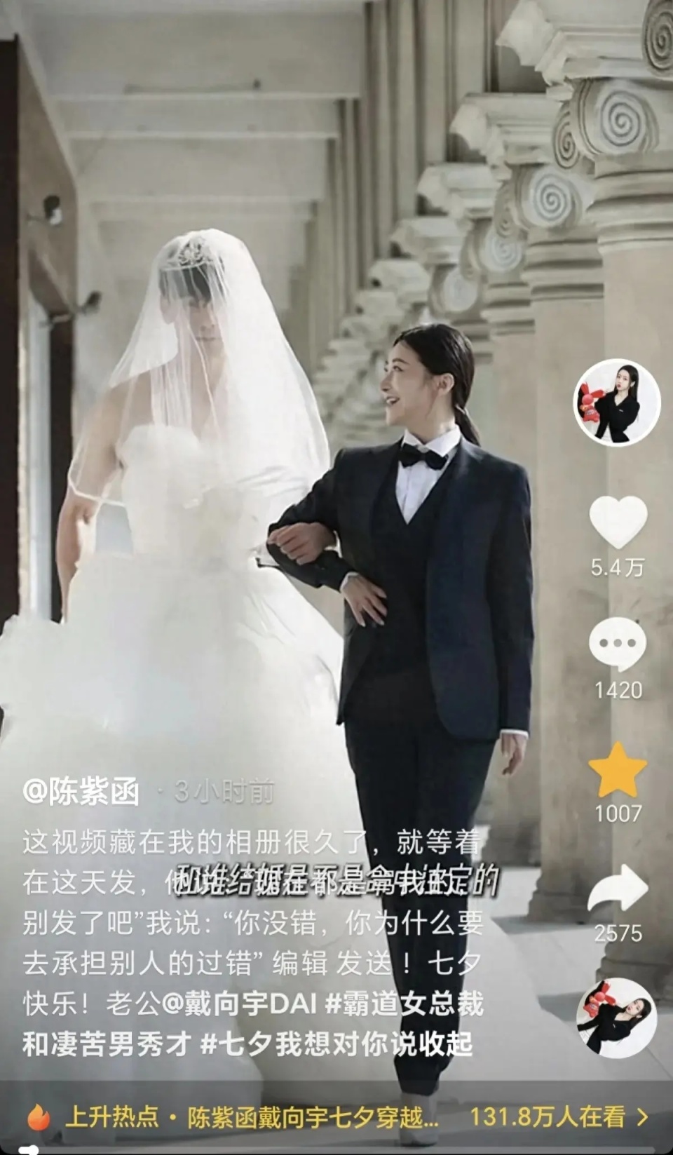 49岁陈紫函七夕节晒婚纱照,再次表态,力挺老公戴向宇:你没错