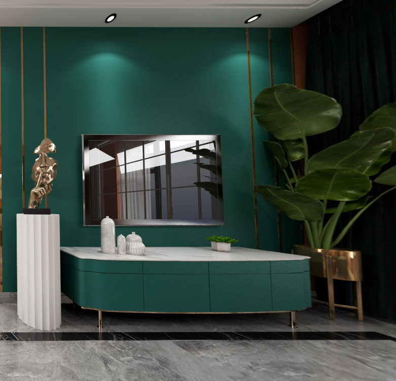 88方小三居爱马仕橙客厅沙发背景墙橄榄绿电视背景墙强烈地对比