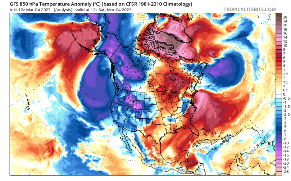 从超级计算机初始场分析数据显示,3月4日前后,格陵兰岛,加拿大北极