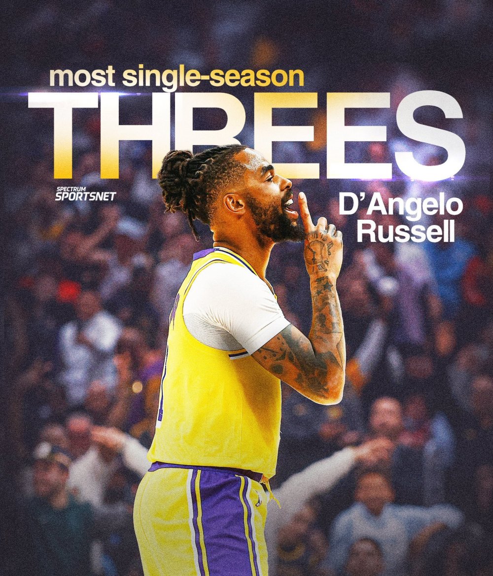 184记三分拉塞尔正式登顶湖人队史单季三分王湖人官方为其庆祝