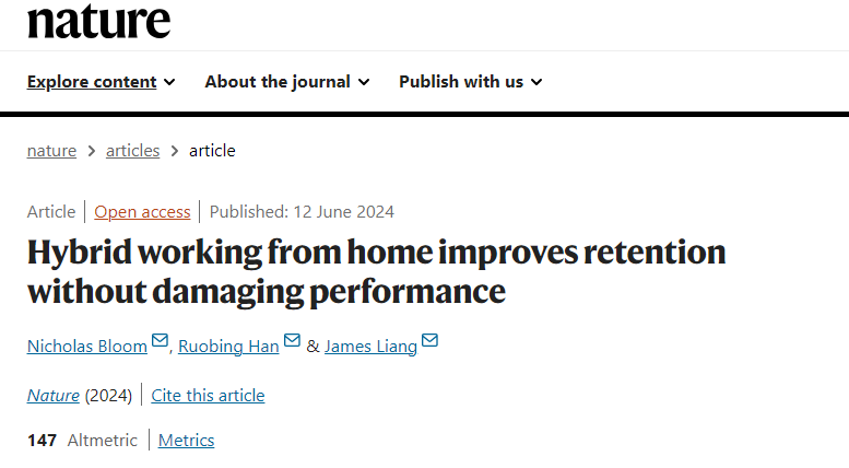 携程创始人梁建章在《自然》杂志发表研究:居家办公对