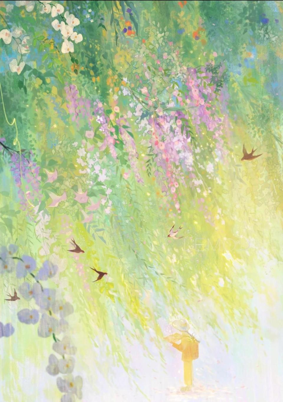 宋·贺铸《宿芥塘佛祠》推开门,不急于扫去轻柔的杨花雨,只等夜幕