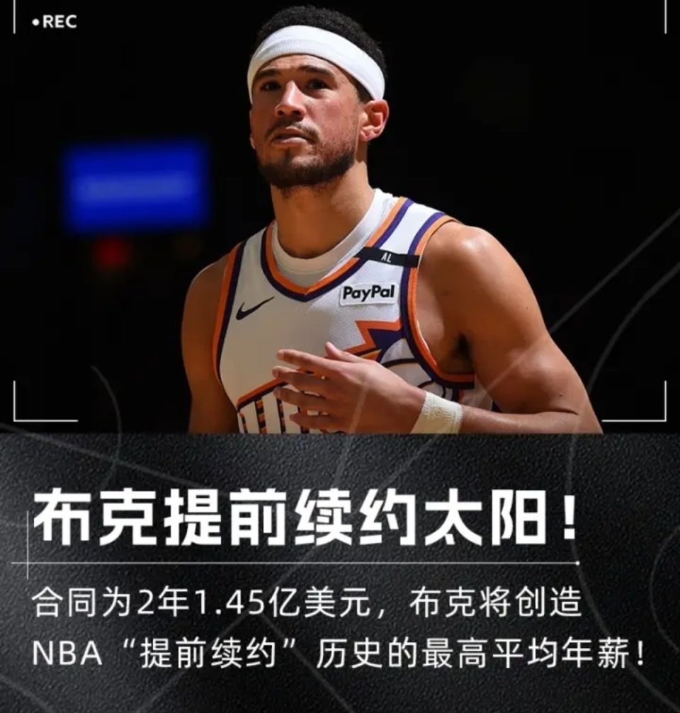 2年1.45亿！顶薪提前续约太阳！布克刷新NBA历史均薪纪录
