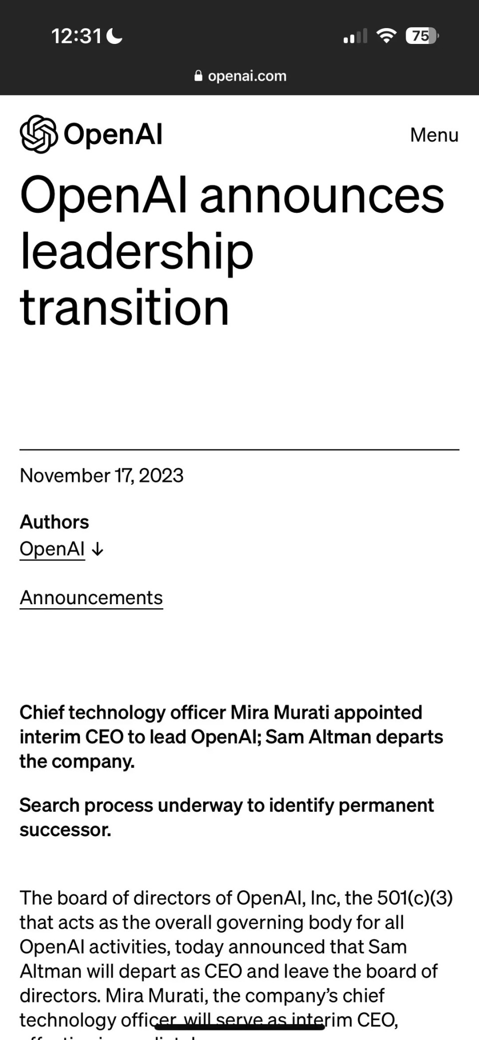 奥特曼被OpenAI董事会罢免CEO职务，本人在X上回应：稍后公布更多信息_腾讯新闻
