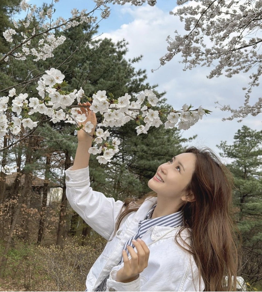 李多海晒樱花照,条纹衬衫搭配白色夹克,尽显自然之美
