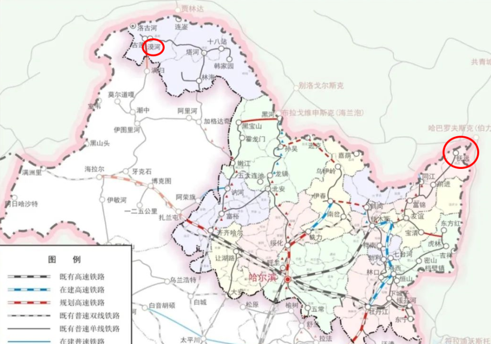 中就提到要谋划通东极(抚远),北极(漠河)等具有战略意义的高铁项目