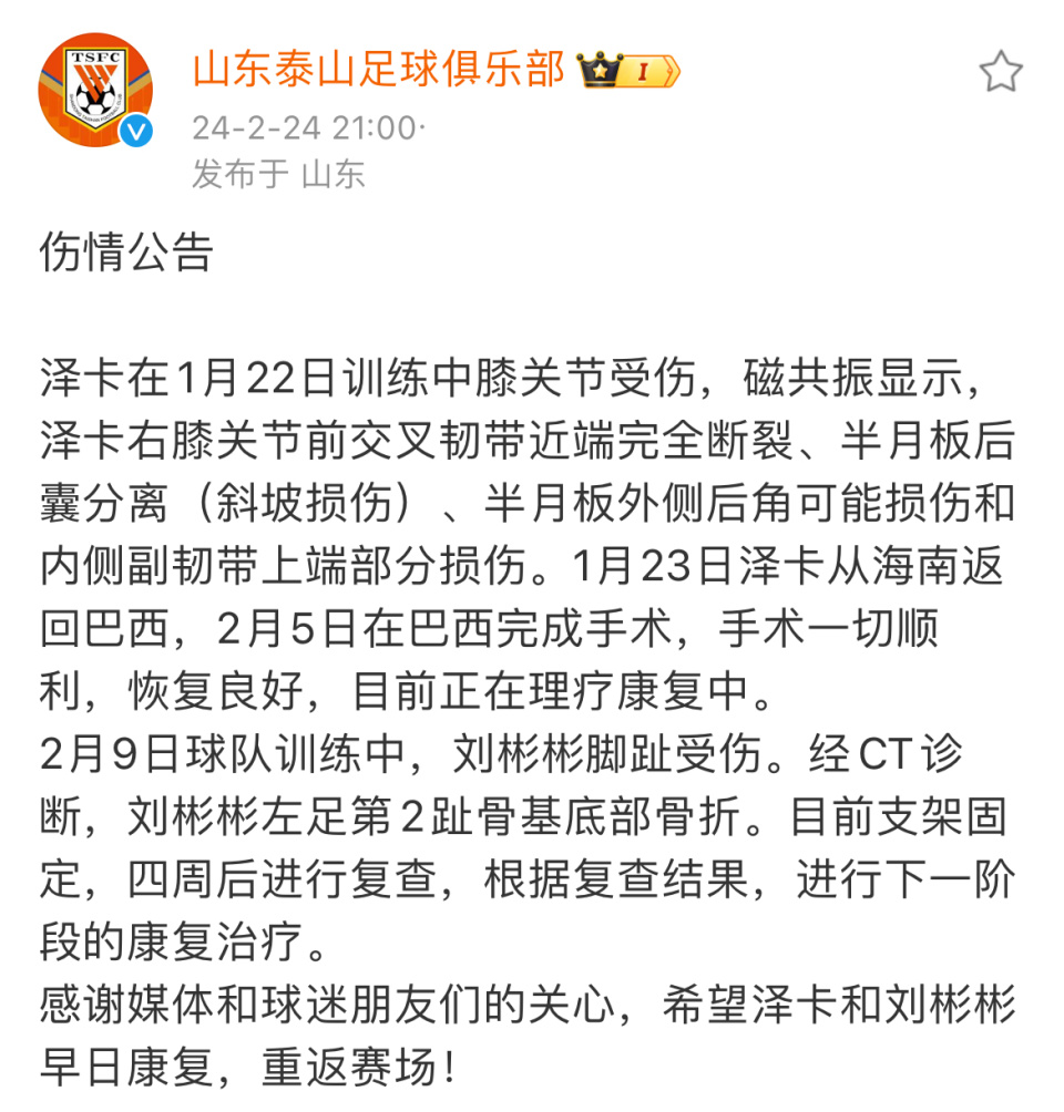 泰山队公布球员伤情泽卡韧带断裂上半赛季将报销刘彬彬骨折