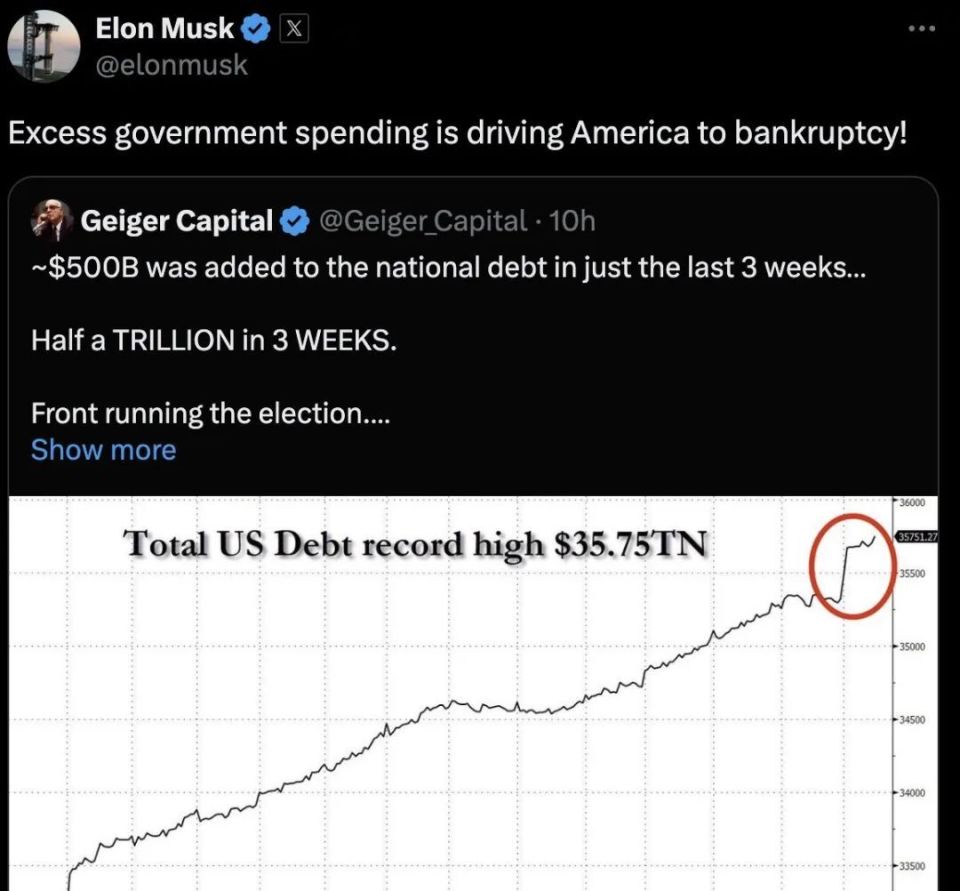 美债3周增加5000亿，马斯克怒斥，过度的政府支出将导致美国破产！-腾讯新闻