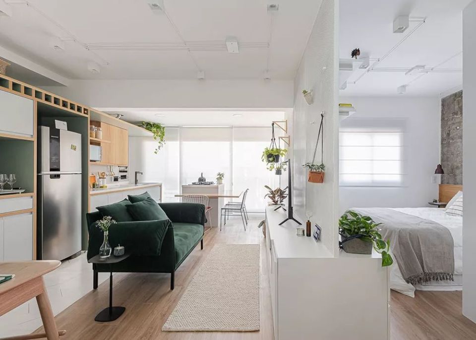 38平小户型单身公寓,落地窗 无隔断设计,让家简约又清新!