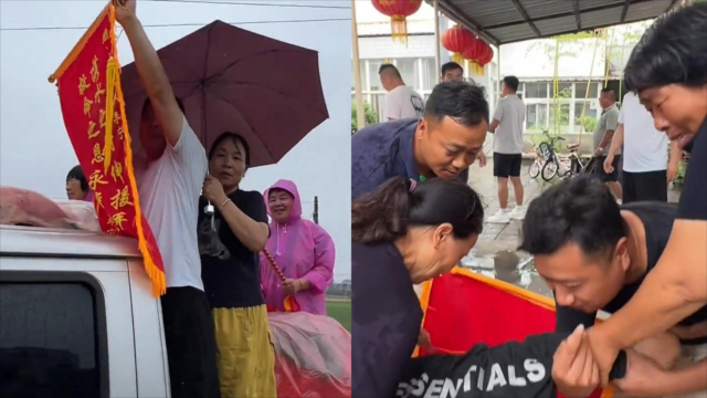 农村最高礼仪答谢恩人！兄弟俩跳河救人后默默离开，获救者全家敲锣打鼓冒雨抬羊拜谢_腾讯新闻