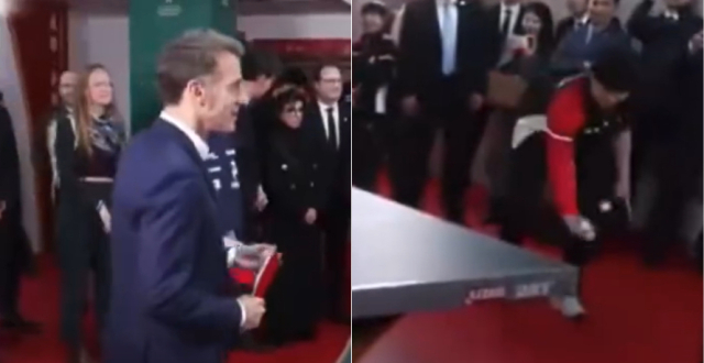 马克龙与王楚钦林诗栋对练乒乓球：王楚钦反手暴抽，现场掌声雷动缩略图