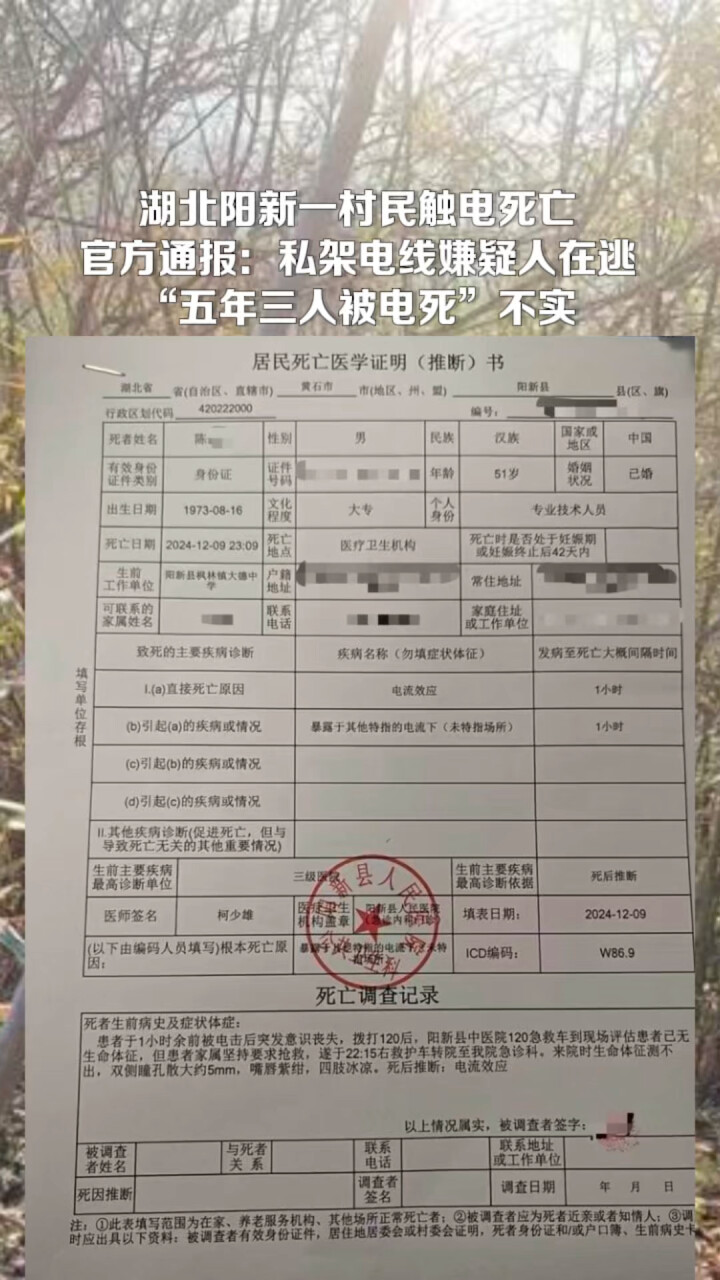 湖北阳新一村民触电死亡 官方通报：私架电线嫌疑人在逃 “五年三人被电死”不实_腾讯新闻